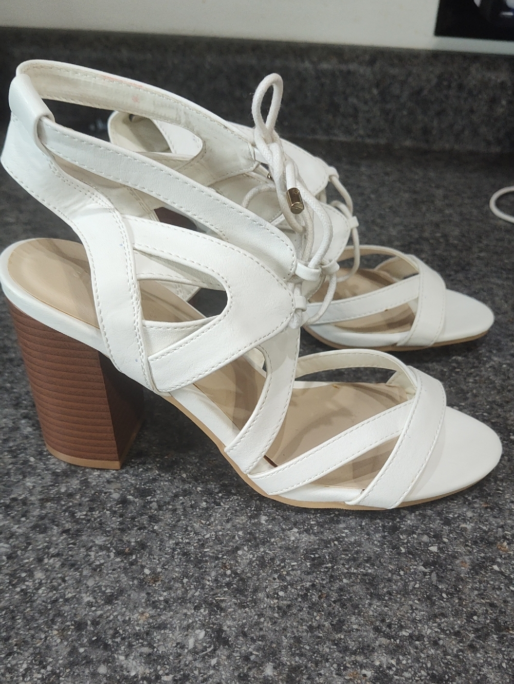 Charlotte Russe White Strappy Lace-Up Block Heel Sandals